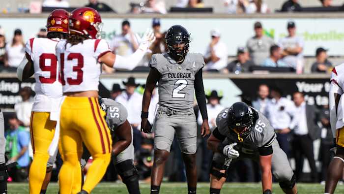 Sep 30, 2023; Boulder, Colorado, USA; Colorado Buffaloes quarterback Shedeur Sanders (2) prepares for a snap during their game against the USC Trojans at Folsom Field.